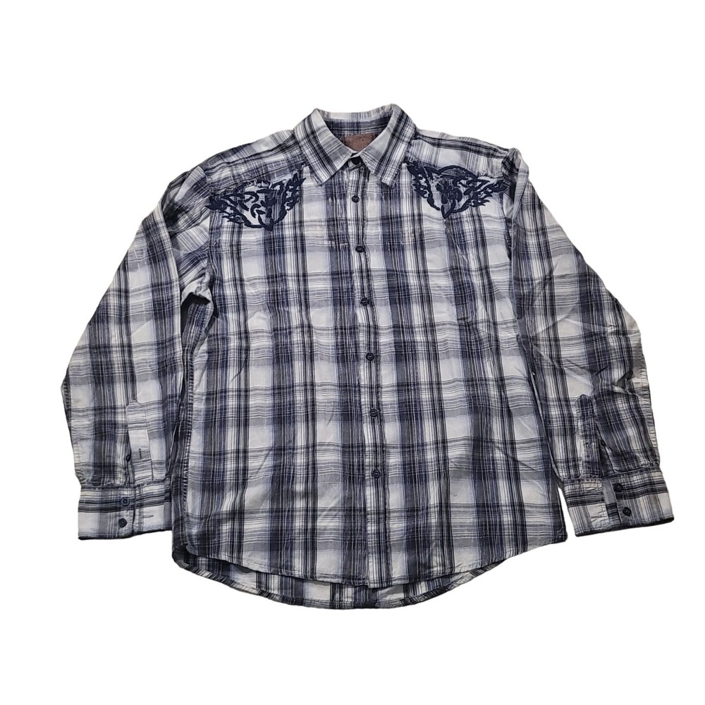 Roar Plaid Button-Up Shirt Mens Sz L Blue Gray Embroidered Casual Western Cowboy